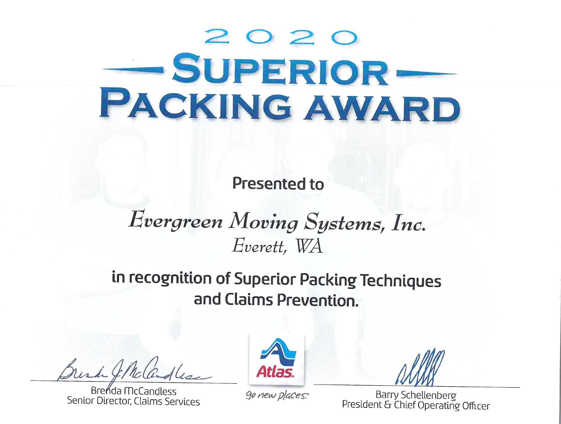 Superior Packing Award certificate